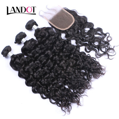 

8A Mongolian Virgin Hair Natural Water Wave With Closure 4PcsLot Wet And Wavy Curly Human Hair Weaves 3 Bundles And Lace Closures