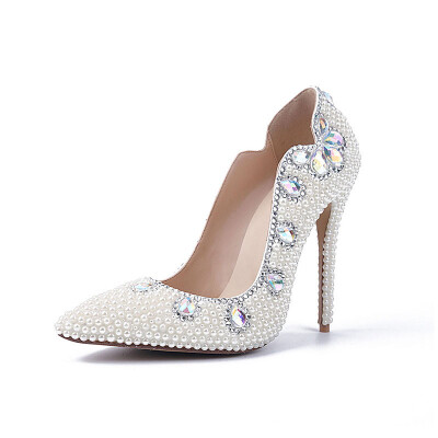 

White&elegant pearl Slender heel single shoe Sheepskin high heel shoes