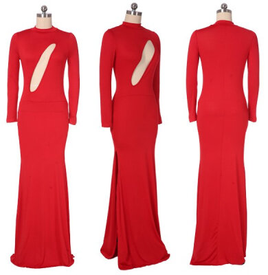 

Stylish Lady Women O-Neck Long Sleeve Stretch Bodycon Front Hollow Party Cocktail Maxi Long Dress