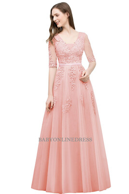 

New Half Sleeves 2018 Lace Evening Dresses Backless Applique Long Party Dresses
