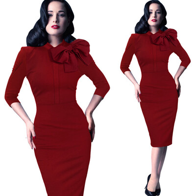 

2016 New Womens Elegant 1950s Vintage Pinup Retro Rockabilly 34 Sleeve Bow Party Work Sheath Bodycon Wiggle Pencil Dress