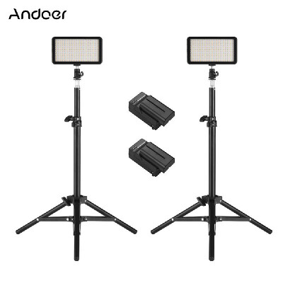 

Andoer LED Video Light Kit include 2pcs W228 3200K6000K BiColor Dimmable LED Video Light2pcs Max 72cm Light Stand2pcs 74V 22