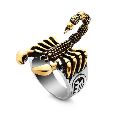 

OFF-XXL Punk Vintage Scorpion Pattern Mens Ring Antique Silver Gold Color Round Stainless Steel Titanium Rings for Male Jewelry