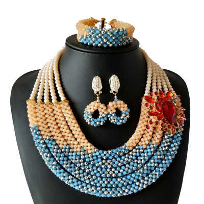 

AMYNOVA Orange 5 Strands Crystal Beaded Bridal Nigerian Wedding Beads African Beads Necklace Jewelry Set for Women