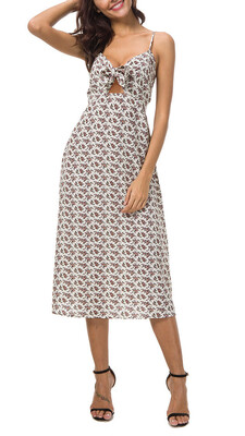 

Womens Tie Front Midi Dress Bow knot Printing Sleeveless Dresses Floral
