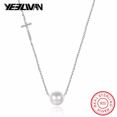

Personality Crystal Cross Female Short Necklace 925 Sterling Silver Jewelry Sweet Simple Wild Pearl Pendant Necklace for Women