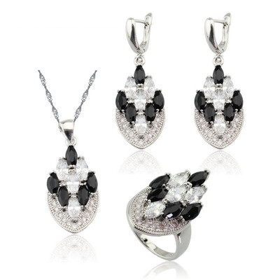 

Black&White Stone Silver Plated Jewelry Sets for Women Choker Dangle Earrings Ring Three Colors Available Free Jewelry Box