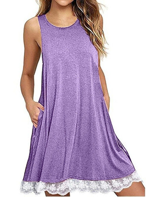 

Summer Women Casual Round Neck Solid Color Loose Sleeveless Beach Tank Top A-line Pocket Dress Sexy Short Club Party Mini Hal