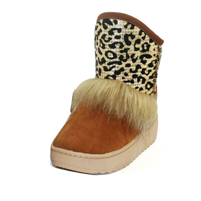 

Fashion Women warm Snow Ankle Boot Sequin Fur Leopard Flat Winter Patchwork Shoe