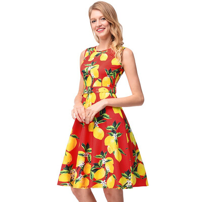 

Women Floral Vintage Dress Lemon Print 1950s Rockabilly Dress Vestidos Luxury Pleated Retro Plus Size Femme Sexy Robe