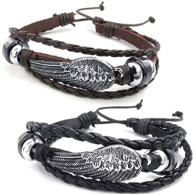 

hpolw мужская женская кожаный браслет, 2pcs Brown & Black Angel крыла браслет, 7 - дюймовый регулируемым