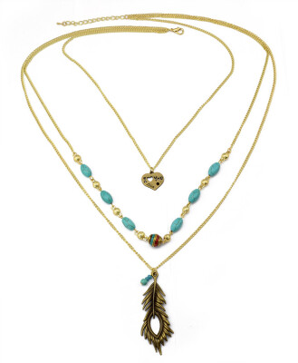 

Idealway Fashion Multi Layered Chains Gold Silver Natural Turquoise Beads Alloy Feather Love Heart Pendant Necklace