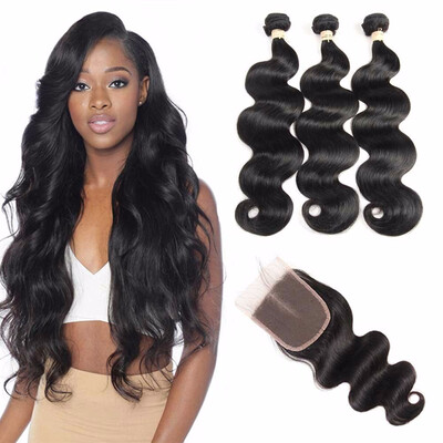 

HCDIVA Virgin Hair 3 Bundles With Closure Brazilian Body Wave Human Hair Bundles Plus Closure Free Middle Three Part 4 pcslot