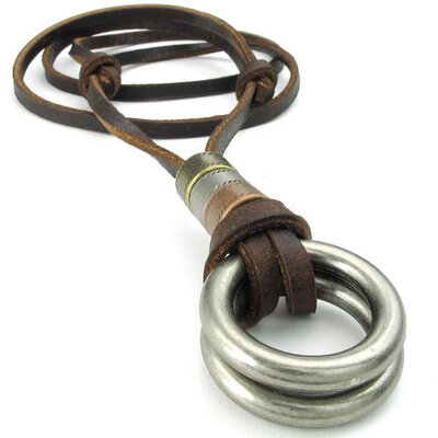 

Hpolw Mens&Womens deft design Double Rings Silver Pendant Adjustable Brown Leather Cord Necklace Chain