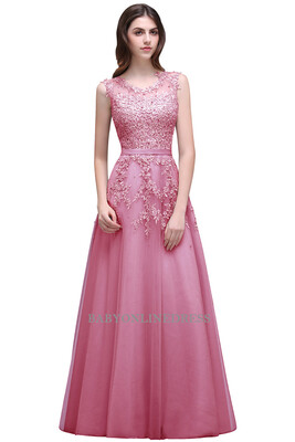 

Lace Embroidery Long Prom Dresses Pink Sheer Back Pearls Formal Evening Party Dresses