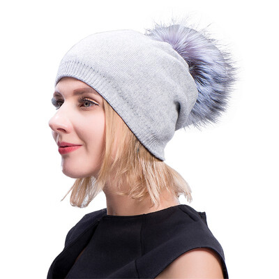 

MsMinShu Cashmere Hats For Women Pompom Beanies Fur Hat Female Warm Caps With Real Raccoon Fur Pompom Bobble Hat Adult