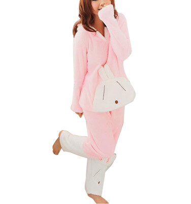 

Women Coral Fleece Hooded Bunny Sleepwear suit Thickened Pajamas Warm Nightgown