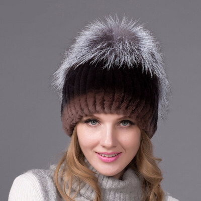 

Real Natural Rex Rabbit Cap Winter Thicken Warm Knit Cap Female Fox Hat Hot Sale New Discount