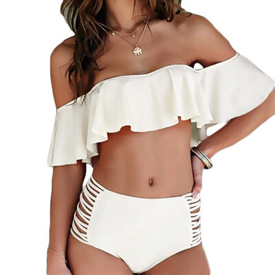

High Waisted Bandeau Swimwear Women Off Shulder Bikini Set New 2017 Ruffle Vintage Bikinis Swimsuit Cut Out Bottom Bathing Sui