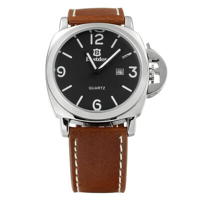 

BESTDON BD5512G Mens Simple Fashion Leather Strap Waterproof Quartz Watch w Calendar Black Silver
