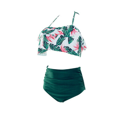 

Fashion Sexy Women Ruffle Swimwear Vintage High Waist Striped Bottom Bikini Set