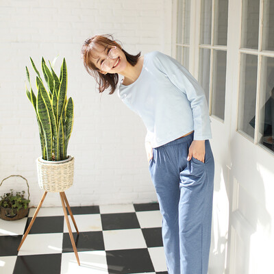 

Haizhining 17W49 Pajamas ladies sexy colorful nine-point sleeves long-sleeved trousers cotton home service suit home clothes two-piece light blue 170