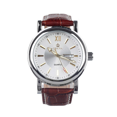 

ORKINA A001-BW Fashion Mens Quartz Wrist Watch w Week Calendar - Brown Silver
