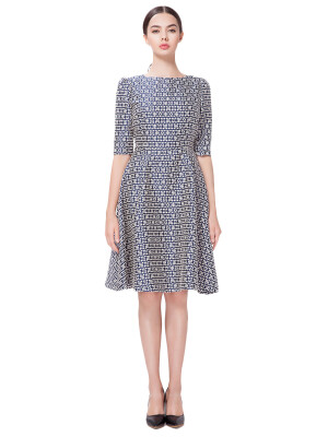 

Vivid Pattern Slash Neck A-Line Blue Dress