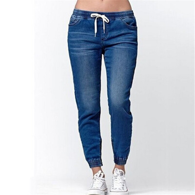 

Womens Solid Color Jeans with Elastic Waist & Ankles