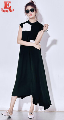 

S M L new summer 2018 chiffon long dress women sleeveless casual loose black&white irregular mid calf lady