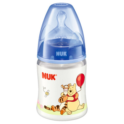 

NUK wide caliber bottle PP plastic baby bottle 150ml with anti-flatulence silicone nipple 0-6 months in the round hole Disney blue pattern random Germany imported