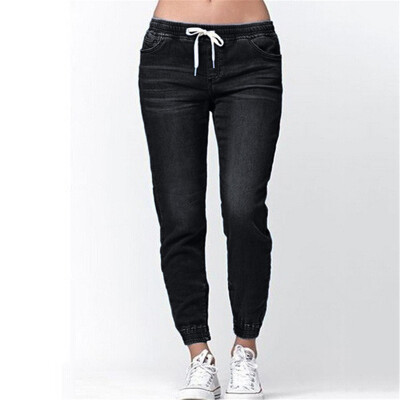

Womens Solid Color Jeans with Elastic Waist & Ankles