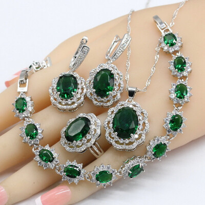 

Green Emerald 925 Silver Bridal Jewelry Sets For Women Gift Necklace Pendant Bracelets Earrings Rings