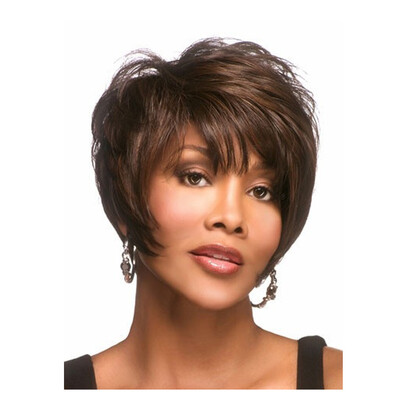 

QianBaiHui Black Mixed Brown Color Wigs Short Layer Nature Curly with Bangs Party Cosplay Full Wigs for Women