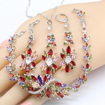 

Horse Eye Cut Multi Color Topaz Silver Color Jewelry Sets For Women Earrings Necklace Pendant Bracelet