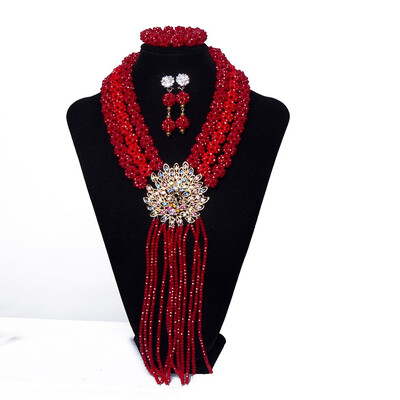 

2018 Handmade The Fine Red Crystal Necklace African Bridal Wedding Party Jewelry Set For Women Nigerian Beads Jewelry Set