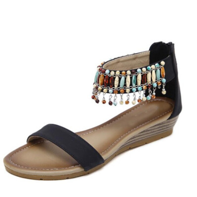 

ethnic style Bohemia women wedge sandals beach casual beading decoration low heel lady shoes slipper