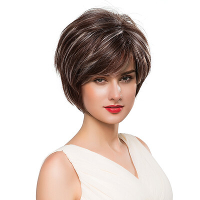 

BLONDE UNICORN 8 Inch Short Hair Wig Fluffy Multi-Layered Straight Hair with Side Fringe Dark Brown Human HairSynthetic Blend Wig