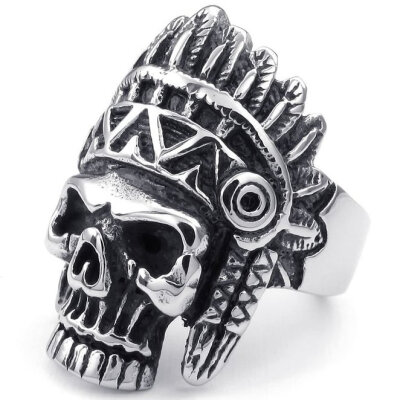 

Hpolw Mens Stainless Steel Ring Gothic Indian Native Americans Skull Black Silver