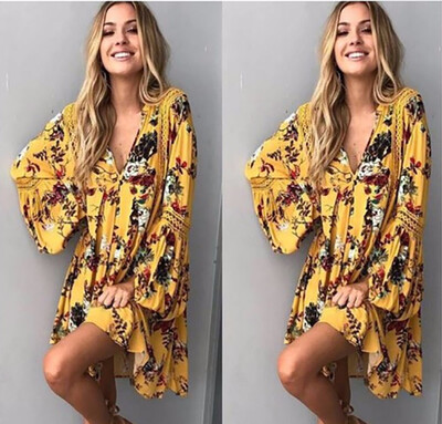 

Summer Floral Print Hollow Out Mini Dress Women Elegant Sexy Deep V Neck Party Dresses