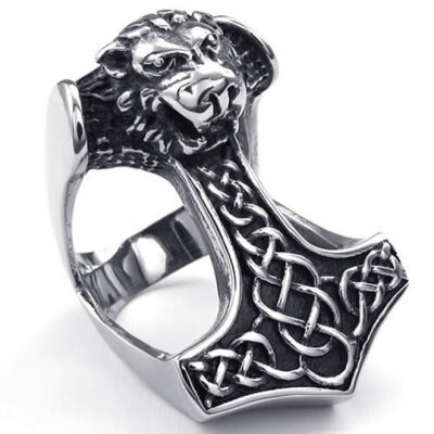 

Hpolw Mens Black&Silver Stainless Steel Lion head Ring and Gothic Celtic Knot Lion Thors Hammer deft design ring