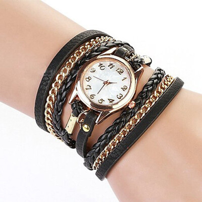 

Womens Charm Chic Candy Vintage Weave Wrap Rivet Leather Bracelet Wrist Watch BLACK