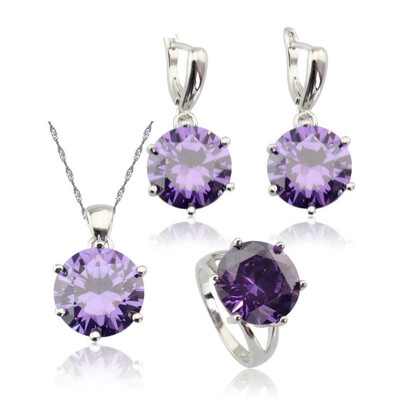 

Purple Stone Silver Plated Jewelry Sets for Women Necklace Dangle Drop Earrings Ring Four Colors Available Free Jewelry Box