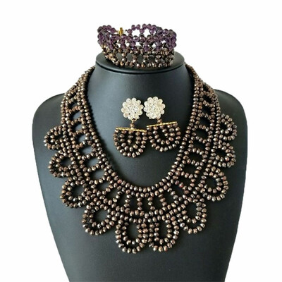 

2018 Exquisite Crystal Flowers Handmade Jewelry Luxury Nigerian Wedding Coral Jewelry African Bridal Beaded Necklace Earrings Set