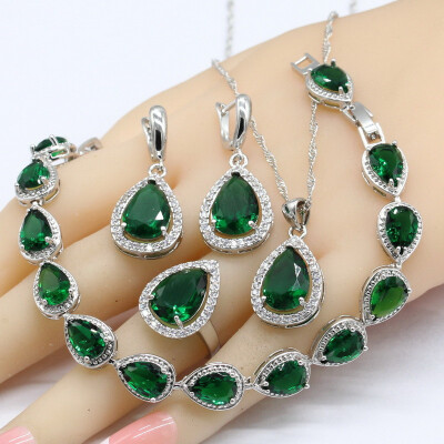 

925 Silver Jewelry Sets For Women Water Drop Green Emerald Bracelet Earrings Necklace Pendant Rings