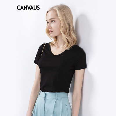 

Canvaus Summer Women Solid Color Cotton Commuter Basic Slim Simple V-neck Short-sleeved T-shirt