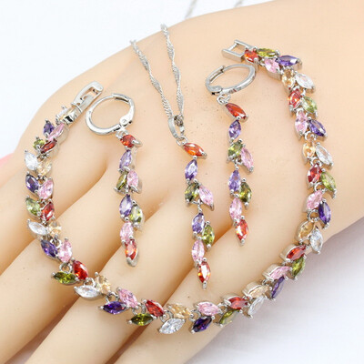 

Multicolor Topaz Silver Color Jewelry Sets For Women Marquise Cut Long Earrings Necklace Pendant Bracelet