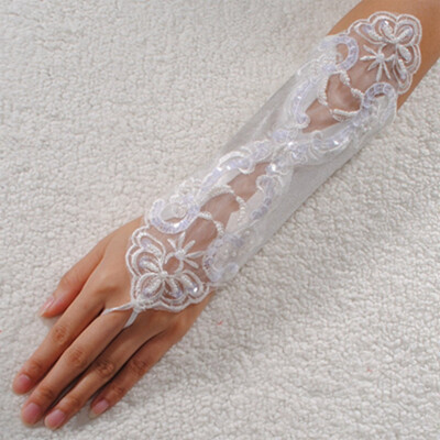 

Bride Wedding Party Dress Fingerless Pearl Lace Satin Bridal Gloves