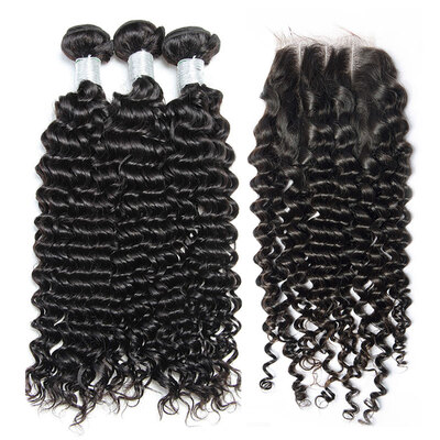 

8A Mongolian Curly Virgin Hair With Closure 4 Pcs Lot Mongolian Remy Human Hair Weaves 3 Bundles And Lace Closures Natural Black