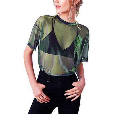 

Women Mesh Long Sleeve See Through Top T-Shirt Blouse